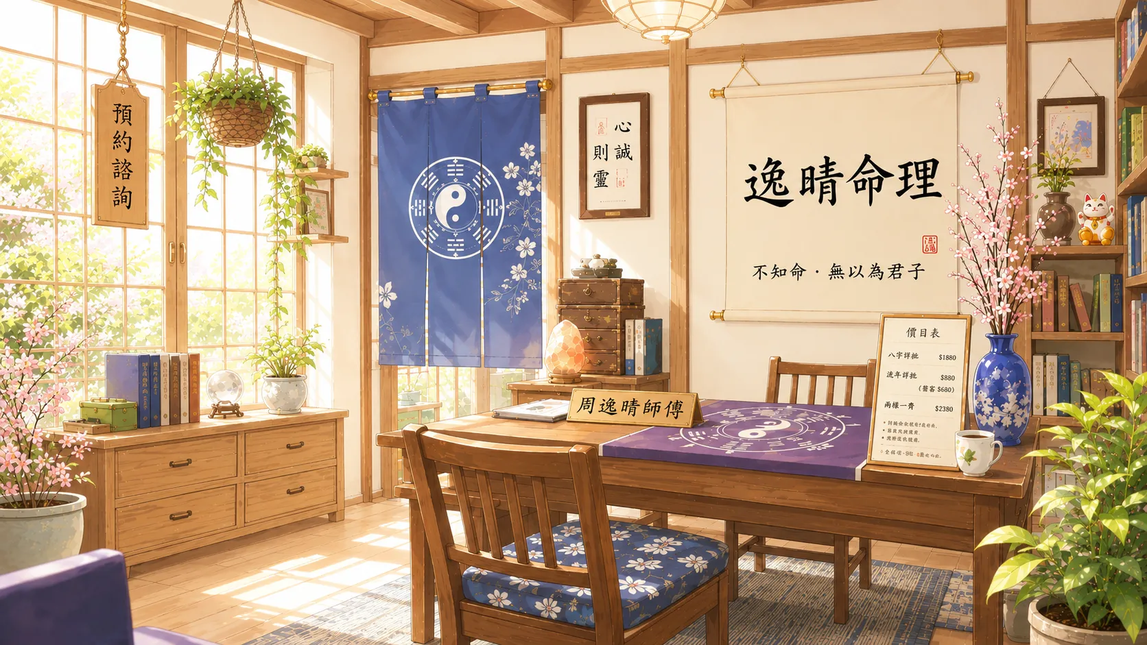 日系動畫風格的逸晴命理館室內場景